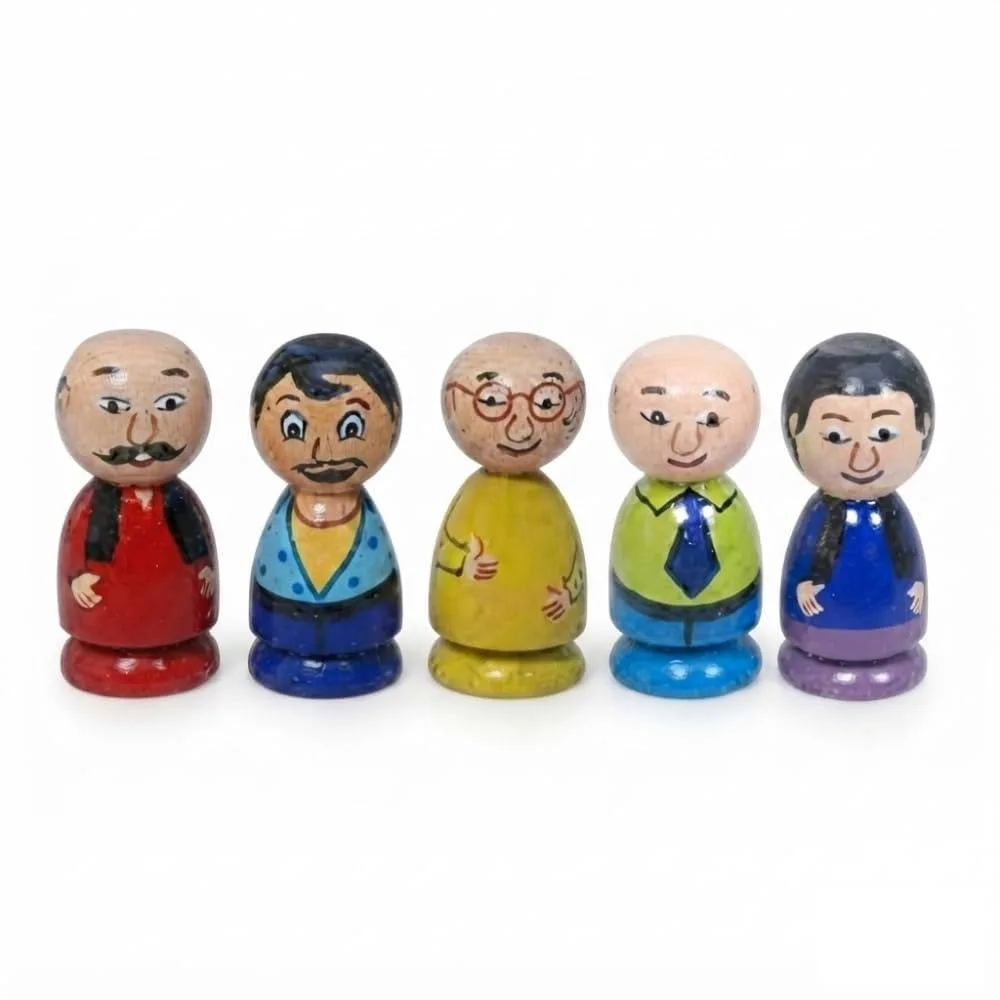 Wooden Motu Patlu Family Peg Dolls – Beautifully Crafted Children’s Cartoon Set – 5 Pcs (Color May Vary) – Ideal for Playtime, Collectibles & Gift – Fun and Educational Toy for Kids