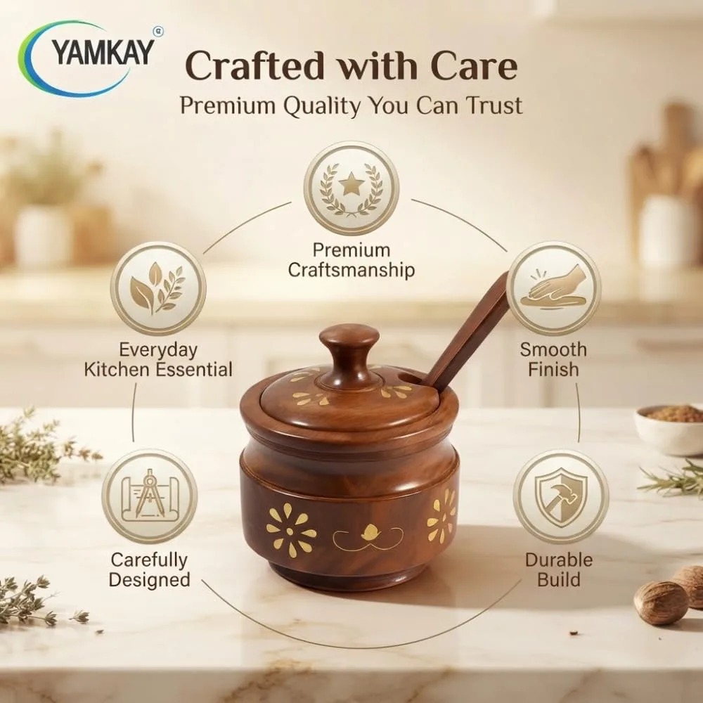 Wooden Sugar Pot, Salt Pot, Spice Pot, Pickle Jar, Jam Jar & Spice Box Multi-Use Wooden Container with Spoon for Kitchen Dining & Storage Pot for Condiments, Herbs, Sauces Wooden Jar Set