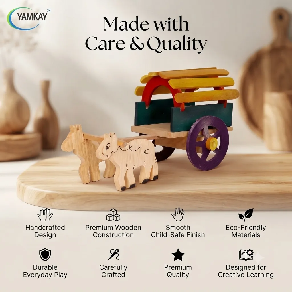 Handmade Bullock Cart Wooden Toy & Traditional Indian Village Decor, Handcrafted Rural Farm Cart Model with Bullock Figurines, Rustic Ethnic Home Décor, Kids Pretend Play & Collectible Gift