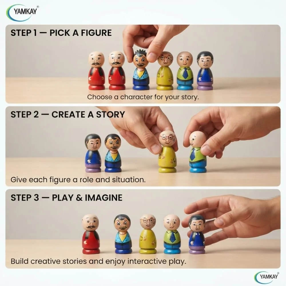 Wooden Motu Patlu Family Peg Dolls – Beautifully Crafted Children’s Cartoon Set – 5 Pcs (Color May Vary) – Ideal for Playtime, Collectibles & Gift – Fun and Educational Toy for Kids