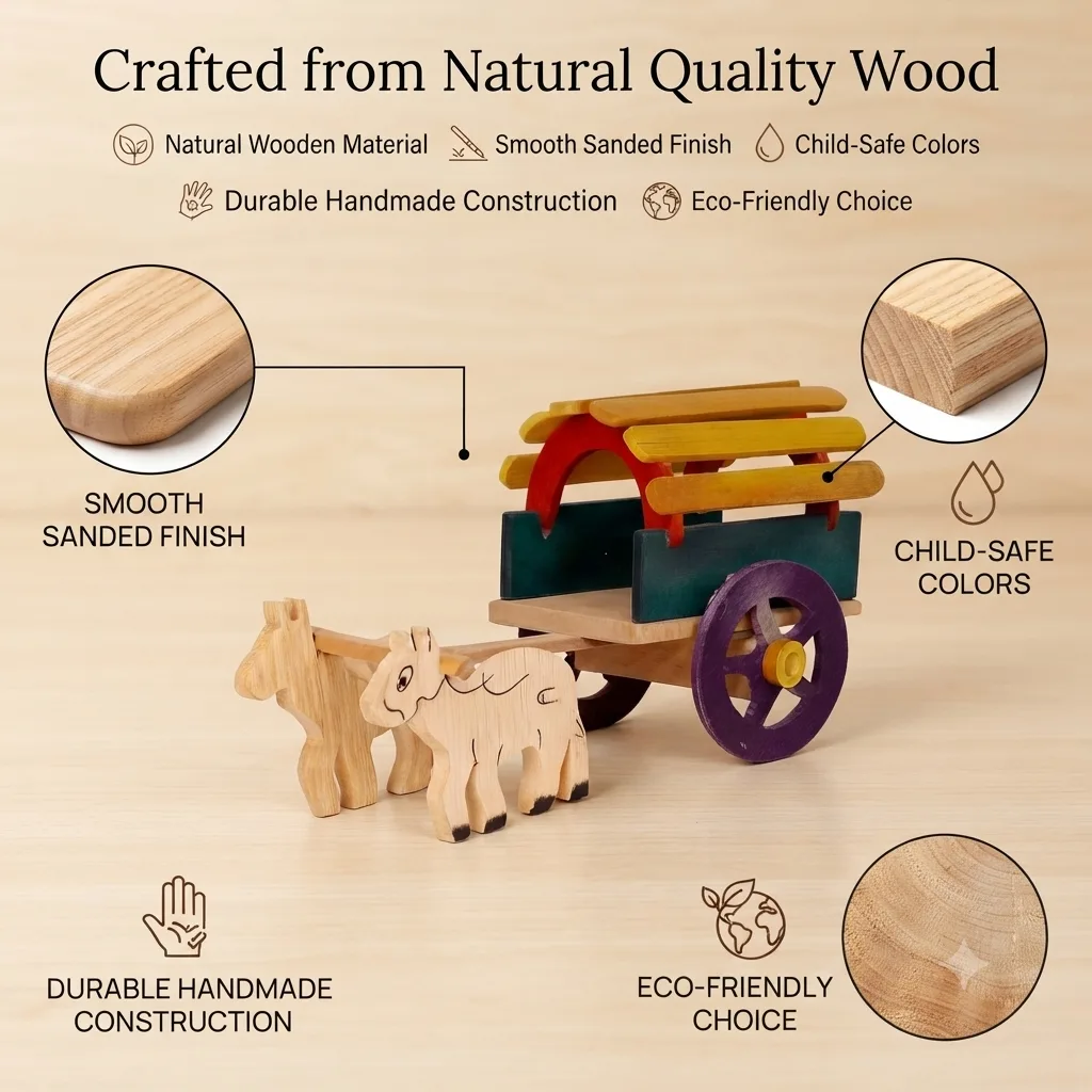 Handmade Bullock Cart Wooden Toy & Traditional Indian Village Decor, Handcrafted Rural Farm Cart Model with Bullock Figurines, Rustic Ethnic Home Décor, Kids Pretend Play & Collectible Gift