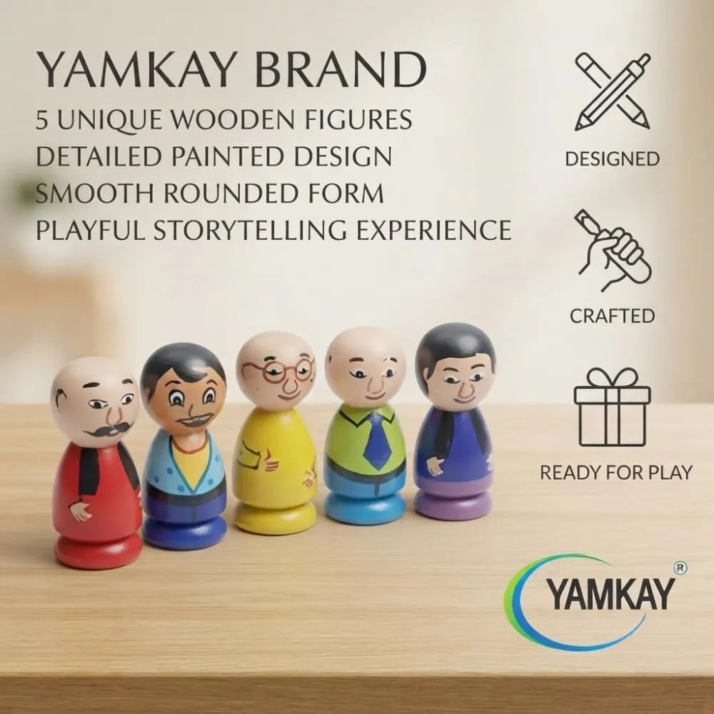 Wooden Motu Patlu Family Peg Dolls – Beautifully Crafted Children’s Cartoon Set – 5 Pcs (Color May Vary) – Ideal for Playtime, Collectibles & Gift – Fun and Educational Toy for Kids