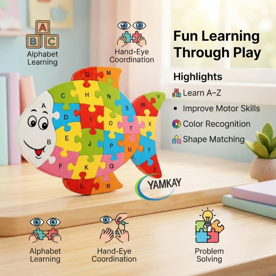 Wooden Shaped Colored Fish Puzzle for Kids to Learn Letters and Numbers Brain Games for Children with Easy Learning Numbers, Early Educational Learning
