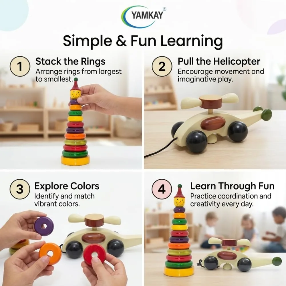 Wooden Toddler Toy Collection Non Toxic Wooden Stacking Rings Toy for Kids Helicopter and Stacking Ring Set - Combo Pack 1 Set