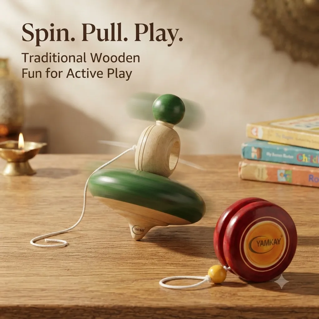 Flat Spinning Toy with Thread Pulling & Wooden Yo-Yo, Traditional Wooden Spinner Toy for Kids, Hand-Eye Coordination & Skill Development Toy, Screen-Free Fun Activity Gift