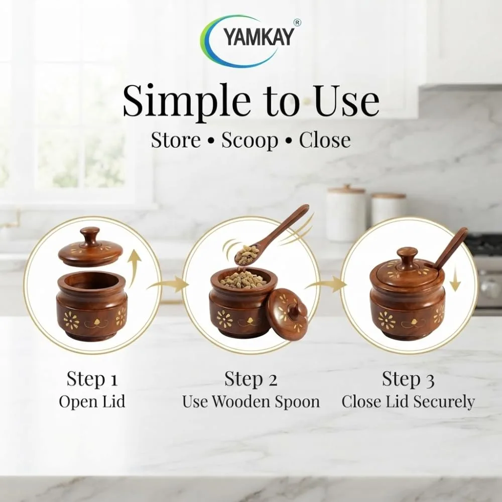 Wooden Sugar Pot, Salt Pot, Spice Pot, Pickle Jar, Jam Jar & Spice Box Multi-Use Wooden Container with Spoon for Kitchen Dining & Storage Pot for Condiments, Herbs, Sauces Wooden Jar Set