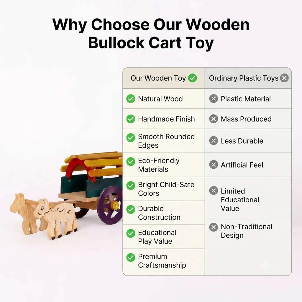Handmade Bullock Cart Wooden Toy & Traditional Indian Village Decor, Handcrafted Rural Farm Cart Model with Bullock Figurines, Rustic Ethnic Home Décor, Kids Pretend Play & Collectible Gift