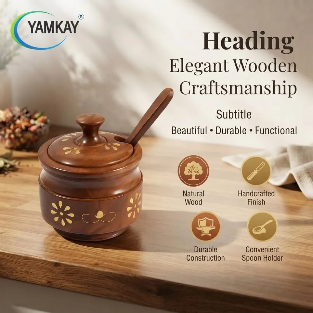 Wooden Sugar Pot, Salt Pot, Spice Pot, Pickle Jar, Jam Jar & Spice Box Multi-Use Wooden Container with Spoon for Kitchen Dining & Storage Pot for Condiments, Herbs, Sauces Wooden Jar Set