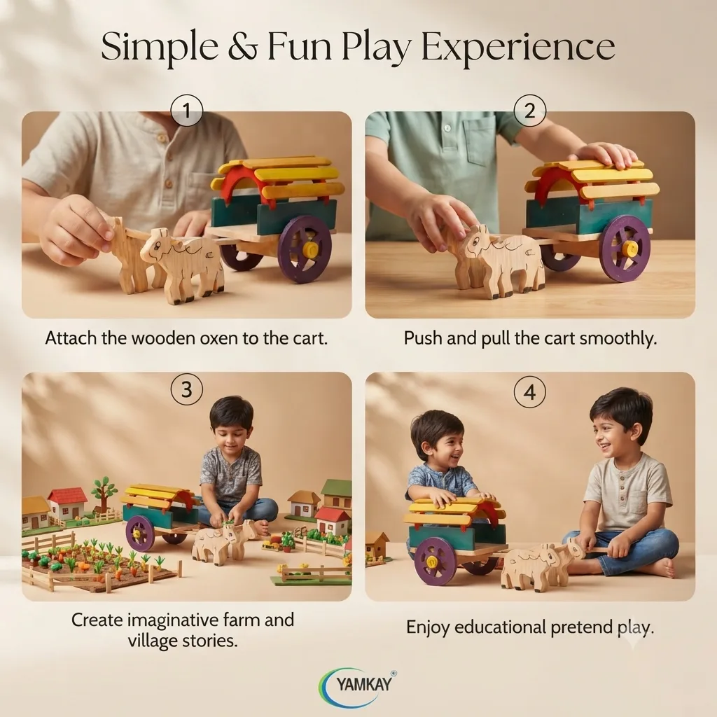 Handmade Bullock Cart Wooden Toy & Traditional Indian Village Decor, Handcrafted Rural Farm Cart Model with Bullock Figurines, Rustic Ethnic Home Décor, Kids Pretend Play & Collectible Gift