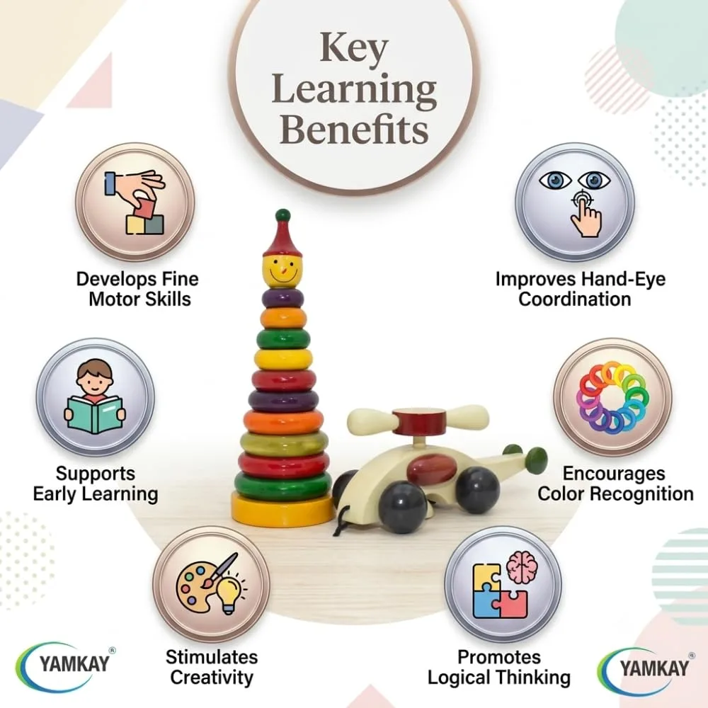 Wooden Toddler Toy Collection Non Toxic Wooden Stacking Rings Toy for Kids Helicopter and Stacking Ring Set - Combo Pack 1 Set