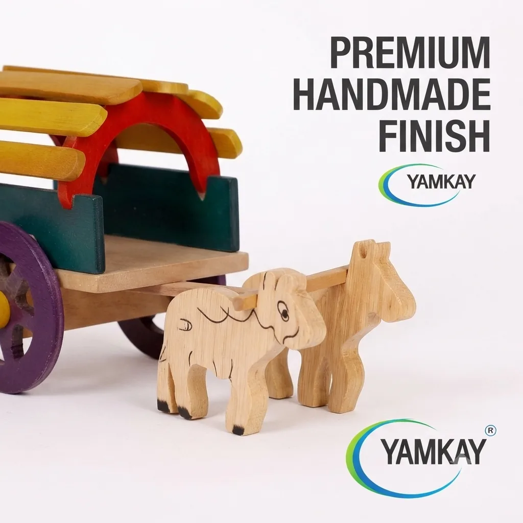 Handmade Bullock Cart Wooden Toy & Traditional Indian Village Decor, Handcrafted Rural Farm Cart Model with Bullock Figurines, Rustic Ethnic Home Décor, Kids Pretend Play & Collectible Gift
