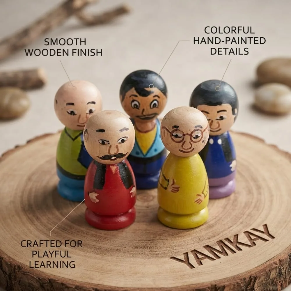Wooden Motu Patlu Family Peg Dolls – Beautifully Crafted Children’s Cartoon Set – 5 Pcs (Color May Vary) – Ideal for Playtime, Collectibles & Gift – Fun and Educational Toy for Kids