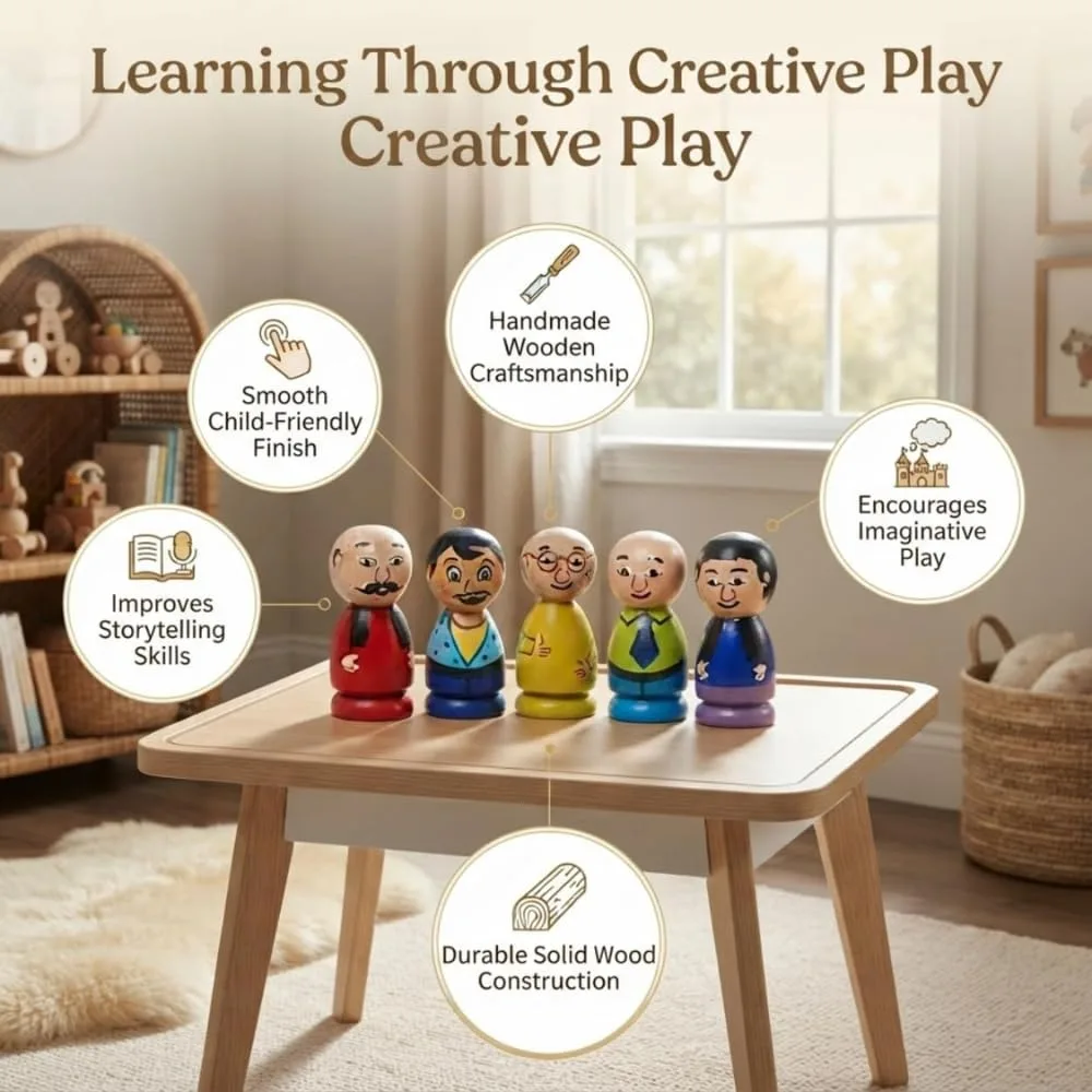 Wooden Motu Patlu Family Peg Dolls – Beautifully Crafted Children’s Cartoon Set – 5 Pcs (Color May Vary) – Ideal for Playtime, Collectibles & Gift – Fun and Educational Toy for Kids