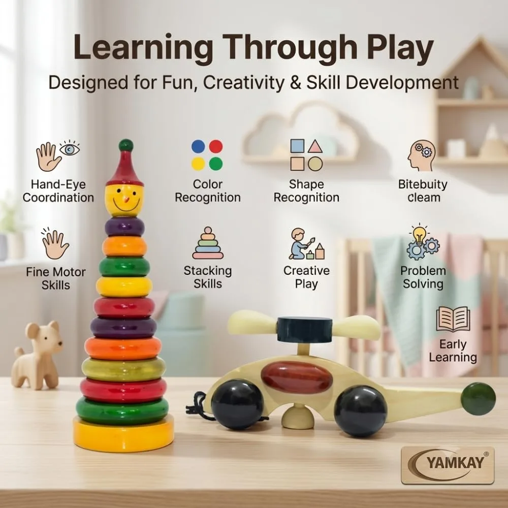 Wooden Toddler Toy Collection Non Toxic Wooden Stacking Rings Toy for Kids Helicopter and Stacking Ring Set - Combo Pack 1 Set