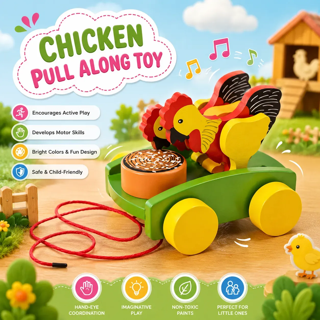 Wooden Chicken Pull Along Toy for Kids 12 Months & Above - Multicolor Infant & Toddler Preschool Toy with Attached String, Encourages Walking, Motor Skills, Safe Early Walking Vehicle- 1