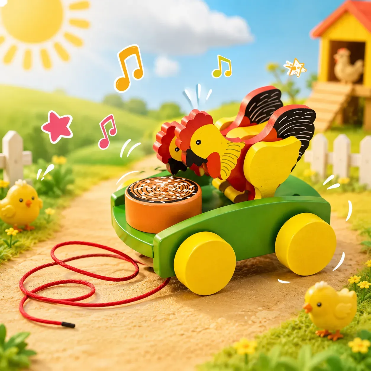 Wooden Chicken Pull Along Toy for Kids 12 Months & Above - Multicolor Infant & Toddler Preschool Toy with Attached String, Encourages Walking, Motor Skills, Safe Early Walking Vehicle- 1