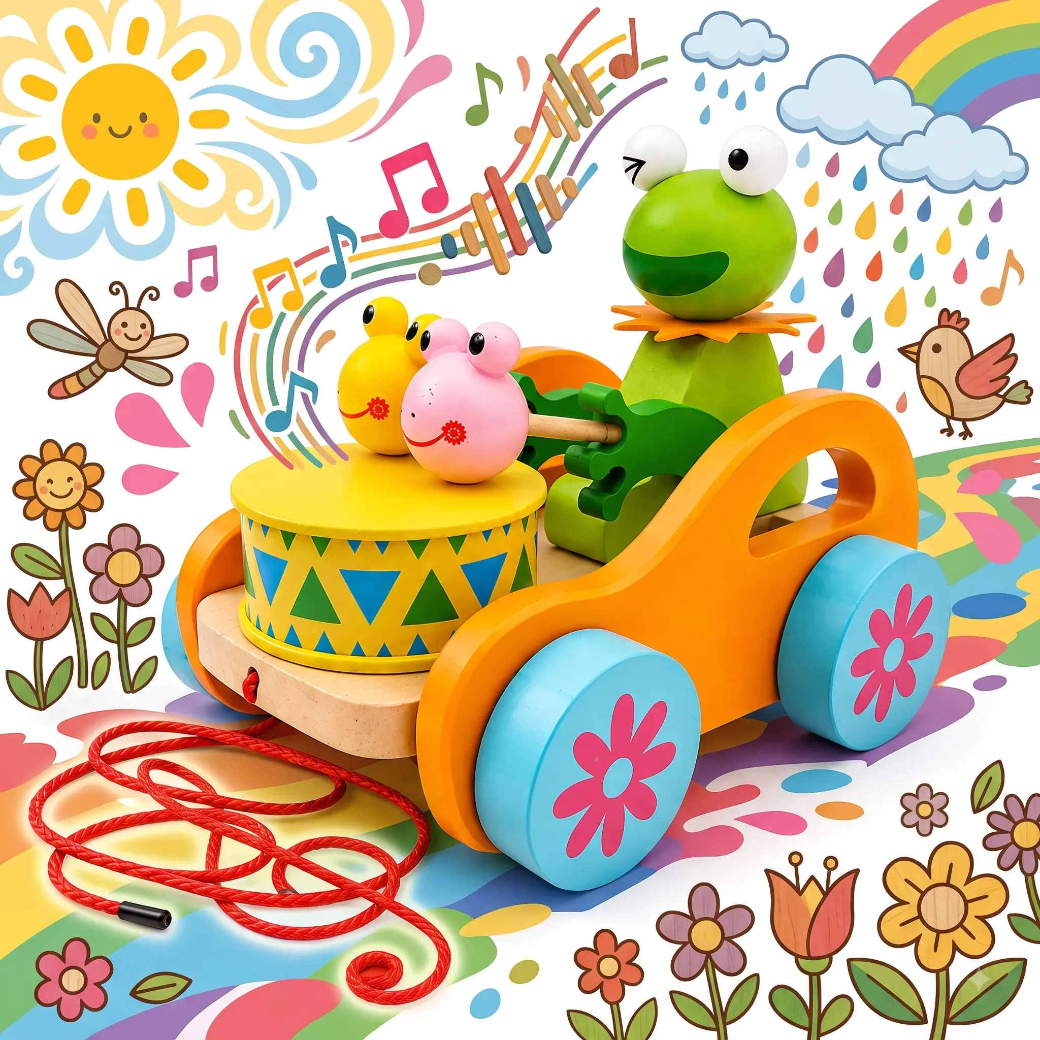Wooden Pull Frog Toy for Kids, Handmade Traditional Push & Pull Toy with Smooth Wooden Wheels, Colourful Animal Design, Creative Play Activity Toy for Boys & Girls, Indoor Outdoor Play