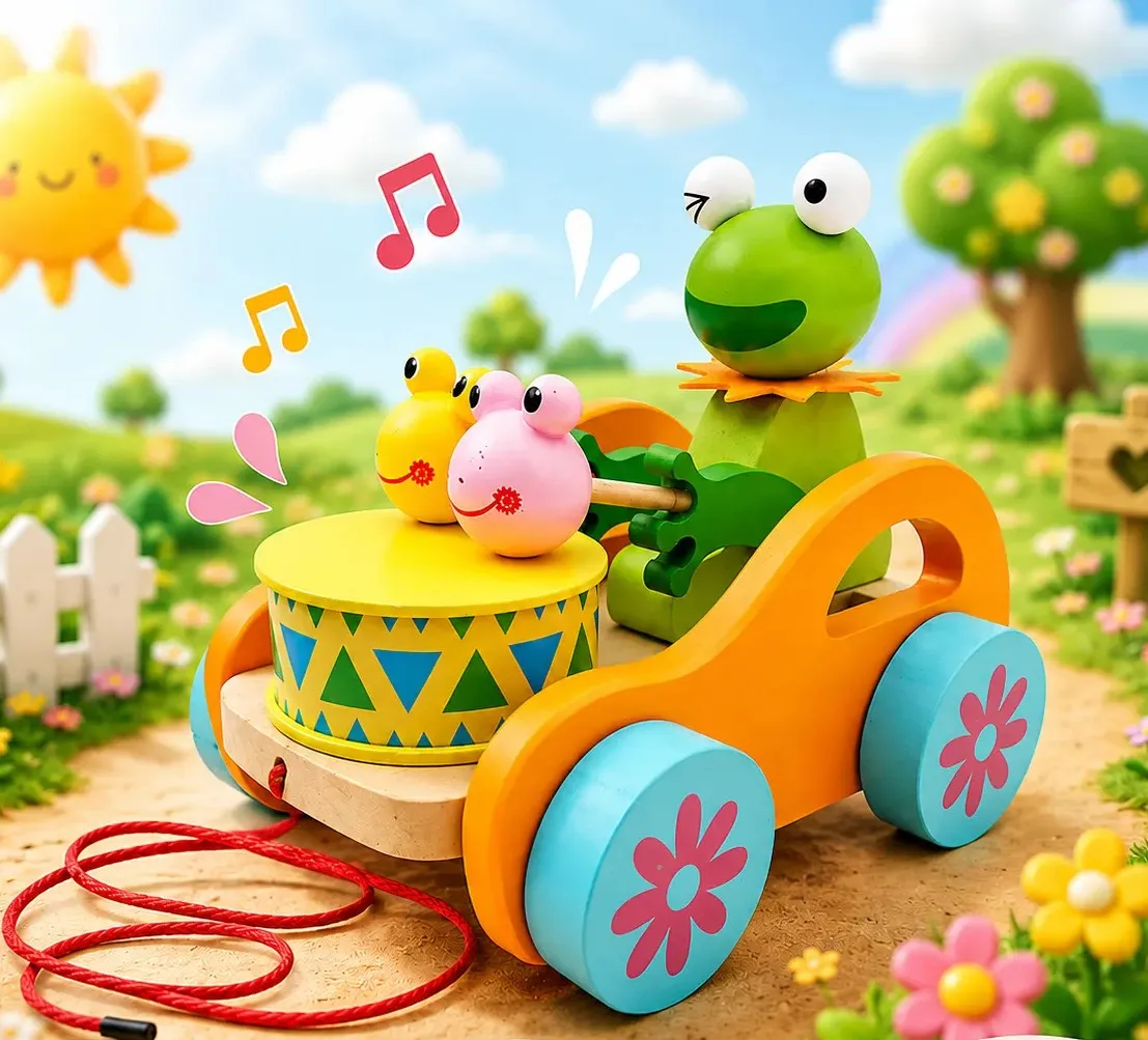 Wooden Pull Frog Toy for Kids, Handmade Traditional Push & Pull Toy with Smooth Wooden Wheels, Colourful Animal Design, Creative Play Activity Toy for Boys & Girls, Indoor Outdoor Play