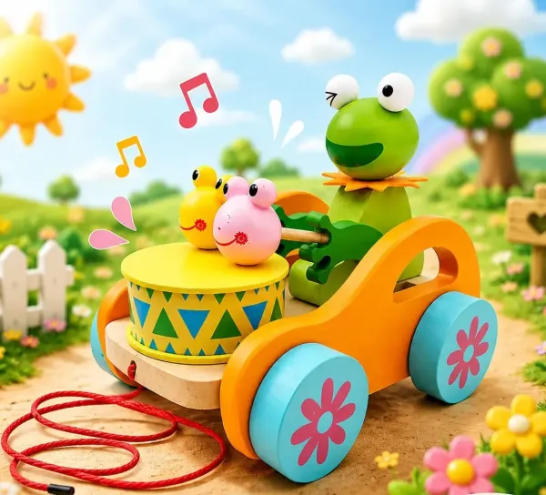 Wooden Pull Frog Toy for Kids, Handmade Traditional Push & Pull Toy with Smooth Wooden Wheels, Colourful Animal Design, Creative Play Activity Toy for Boys & Girls, Indoor Outdoor Play