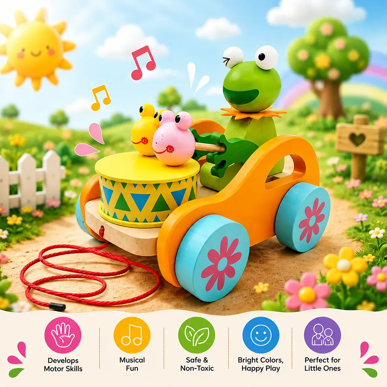 Wooden Pull Frog Toy for Kids, Handmade Traditional Push & Pull Toy with Smooth Wooden Wheels, Colourful Animal Design, Creative Play Activity Toy for Boys & Girls, Indoor Outdoor Play