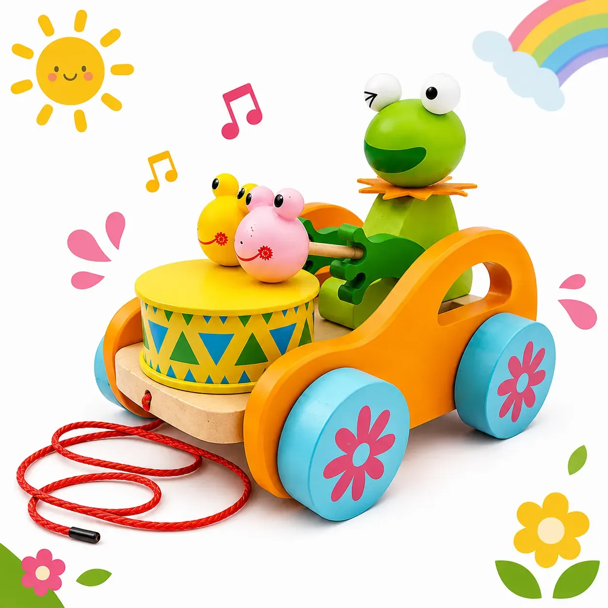 Wooden Pull Frog Toy for Kids, Handmade Traditional Push & Pull Toy with Smooth Wooden Wheels, Colourful Animal Design, Creative Play Activity Toy for Boys & Girls, Indoor Outdoor Play
