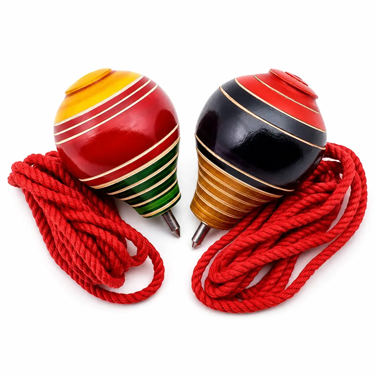 Wooden Spinning Top Toy (Lattoo/Bambaram/Bongaram/Buguri) with Thread | Traditional Indian Toy for Kids & Adults | Handcrafted Wooden Outdoor Game | Multicolor | Pack of 2