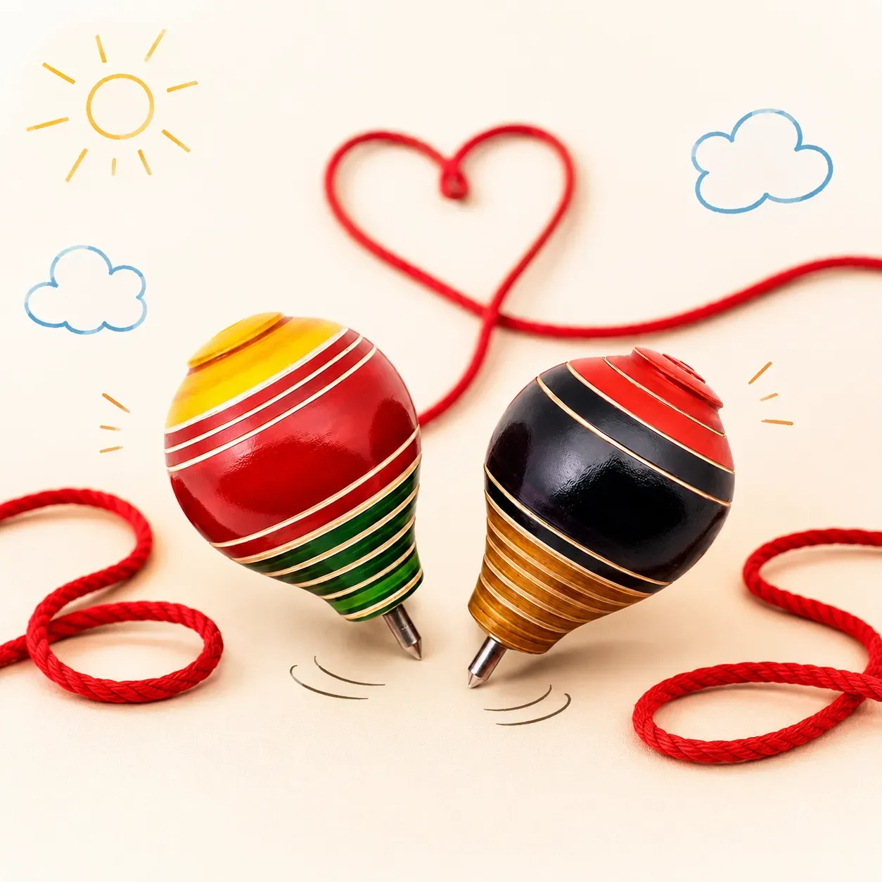 Wooden Spinning Top Toy (Lattoo/Bambaram/Bongaram/Buguri) with Thread | Traditional Indian Toy for Kids & Adults | Handcrafted Wooden Outdoor Game | Multicolor | Pack of 2