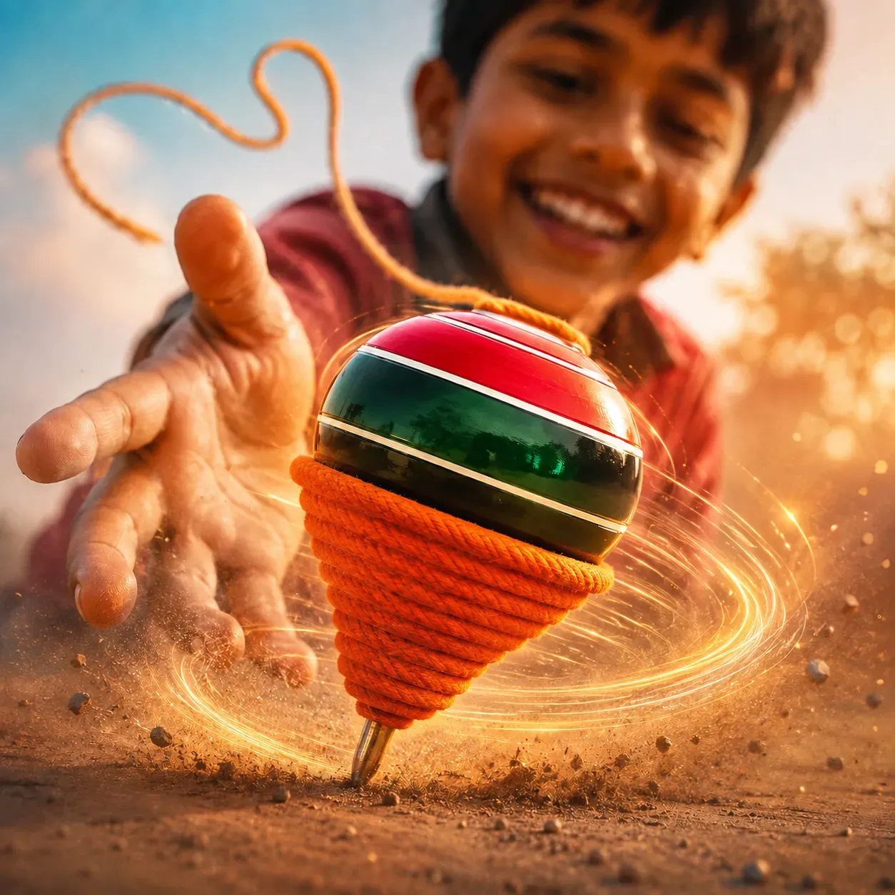 Wooden Spinning Top Toy (Lattoo/Bambaram/Bongaram/Buguri) with Thread | Traditional Indian Toy for Kids & Adults | Handcrafted Wooden Outdoor Game | Multicolor | Pack of 2