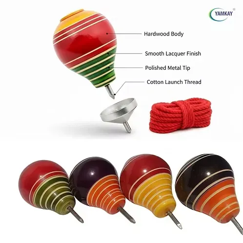 Wooden Spinning Top Toy (Lattoo/Bambaram/Bongaram/Buguri) with Thread | Traditional Indian Toy for Kids & Adults | Handcrafted Wooden Outdoor Game | Multicolor | Pack of 2