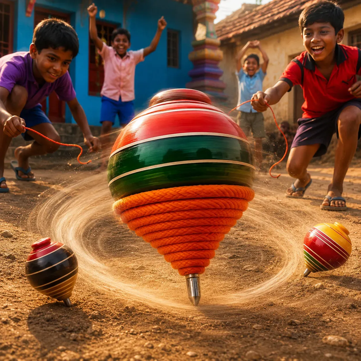 Wooden Spinning Top Toy (Lattoo/Bambaram/Bongaram/Buguri) with Thread | Traditional Indian Toy for Kids & Adults | Handcrafted Wooden Outdoor Game | Multicolor | Pack of 2